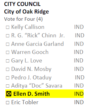 Ellen Smith on the November 4, 2014 ballot for Oak Ridge City Council