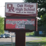 Still photo of the animated sign display in front of Oak Ridge High School