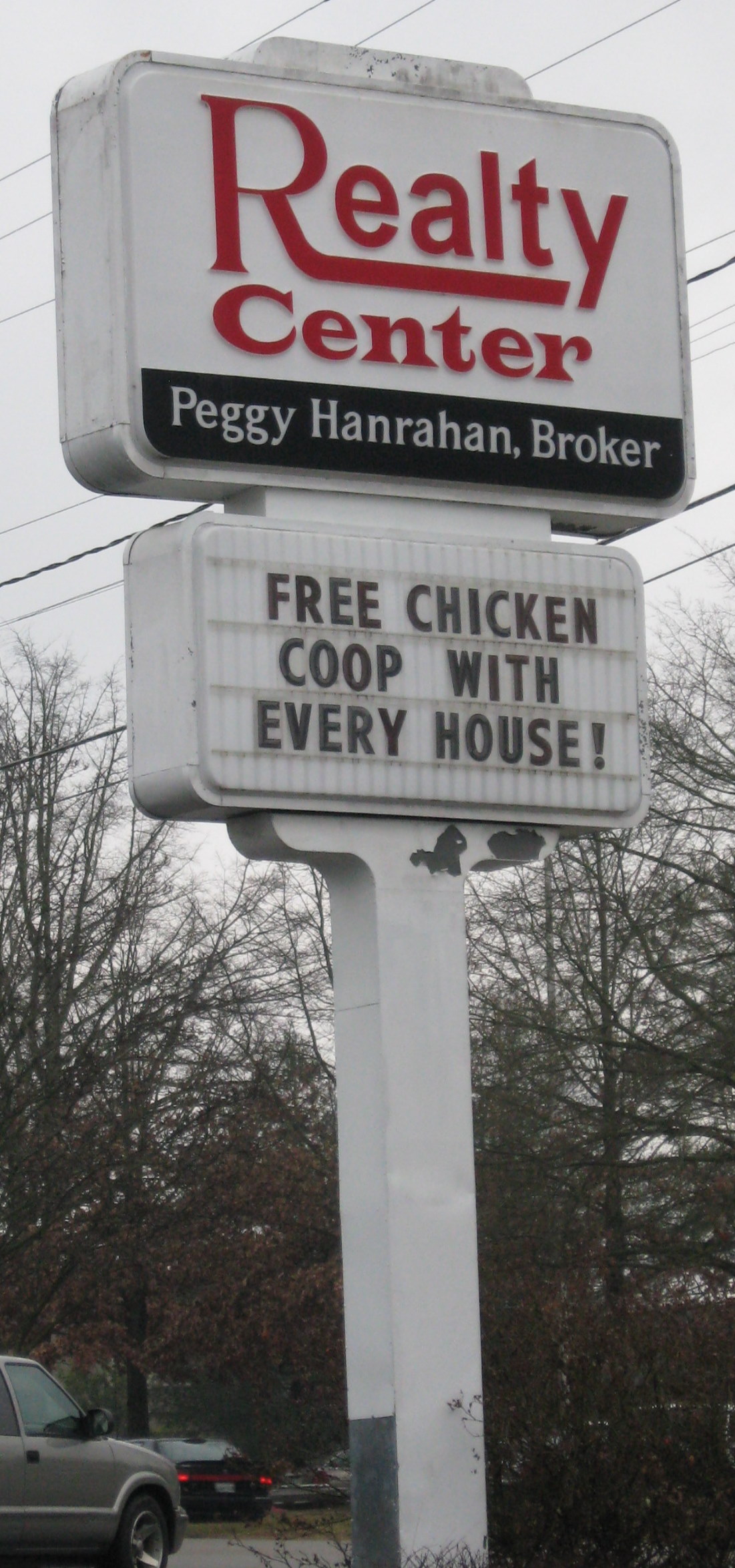 Sign at Peggy Hanrahans Realty Center promoting a chicken coop with every home sale